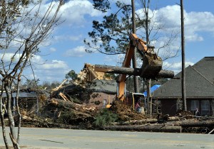 A tremendous amount of damage to homes was done by falling trees, often splintered at the base by the EF4 tornado.Photo by Marilee Caliendo/FEMA 