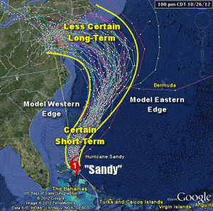 Hurricane Sandy was a minimal Category 1 Storm (75 mph winds) at 100 pm CDT on 10/26/2012. Spaghetti plots (model data) were in general agreement in the short-term as to where Sandy was headed. However, the plots diverged in the long-term, with less agreement and not as much confidence in the projected track.