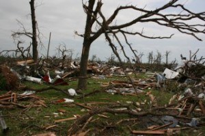 The most severe damage caused by the EF5 tornado that struck Joplin, Mo., on May 22, 2011, occurred on flat terrain or when the tornado was moving uphill. Photo: Matt McGowan, University of Arkansas