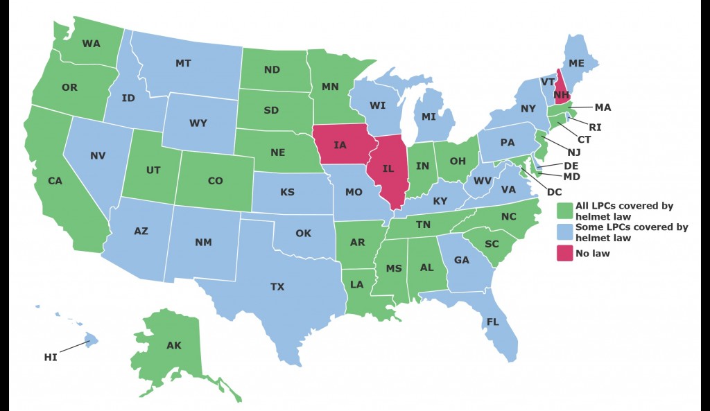 Map of low powered cycles covered by the motorcycle helmet law/IIHS