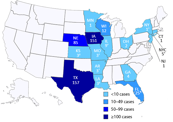 Cyclosporiasis cases notified to CDC, by state as of 8/5/2013. Map: CDC