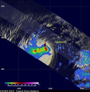 NASA's TRMM satellite showed a large area of heavy rain (red) south of Humberto's center of circulation on Sept. 9 at 9:47 p.m. EDT.  Image Credit:  SSAI/NASA, Hal Pierce 