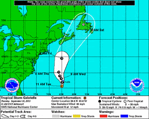 Tropical storm Gabrielle's forecasted path. NOAA