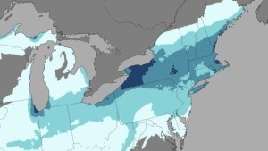 Much of the region may expect some snow accumulation - and some areas such as eastern Massachusetts and western New York may see almost 16 inches. Image: NOAA 