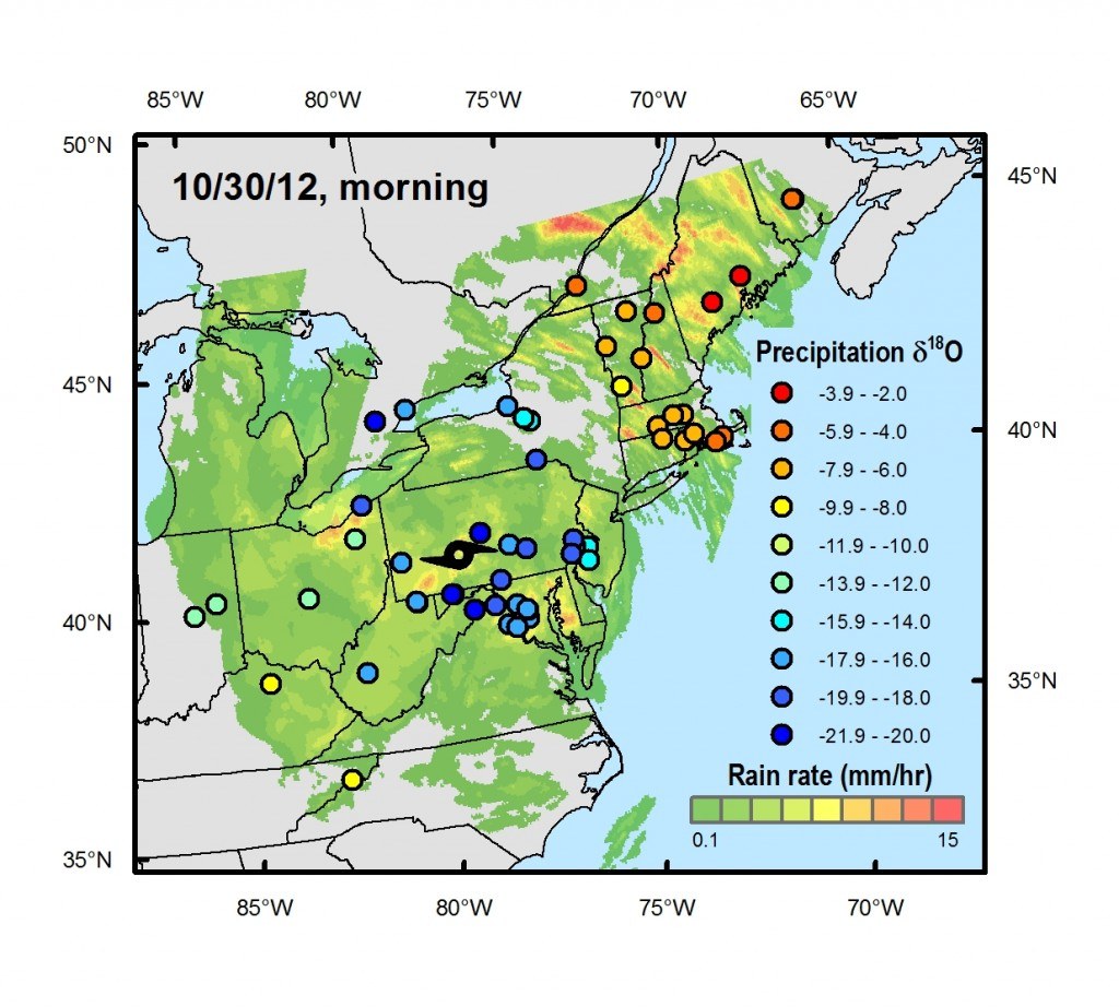 Snapshot of rainfall and oxygen-18 isotope values using crowdsourced rainwater samples collected during landfall of Superstorm Sandy. Chart: Gabe Bowen, University of Utah