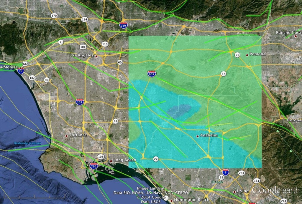 JPL scientists modeled the March 28, 2014 magnitude 5.1 quake near Los Angeles based on USGS seismic data. This model image shows how the quake may appear to airborne radar, such as NASA's UAVSAR, which will survey the area soon. Blue shades indicate the greatest surface displacement. Image Credit:  NASA/JPL-Caltech/USGS/Google Earth