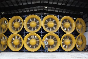 The International Hurricane Research Center features 12, six-foot tall fans capable of simulating Category 5 hurricanes to test the performance of structures and materials. Wall of Wind, Florida International University, Miami, Florida.