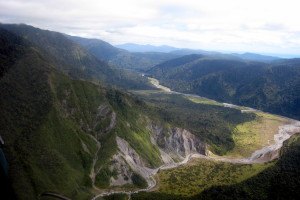 An aerial view of the Alpine Fault at Gaunt Creek, where the Deep Fault Drilling Project is scheduled to begin next month. Photo by Ben van der Pluijm