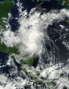 On Oct. 27 at 16:00 UTC (12 p.m. EDT) NASA's Terra satellite captured this image of Tropical Storm Hanna (09L) over Honduras and Nicaragua border. Image Credit:  NASA Goddard MODIS Rapid Response Team