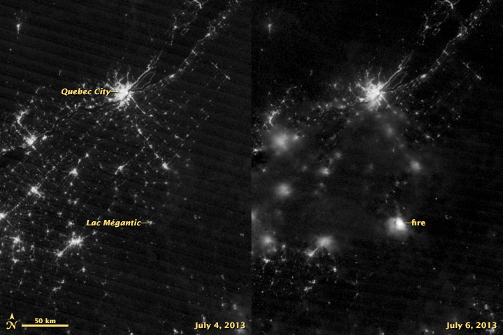 Lac Megantic fire was visible to the Visible Infrared Imaging Radiometer Suite (VIIRS) on the Suomi NPP satellite. Photo: NASA Earth Observatory image by Jesse Allen and Robert Simmon