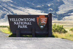 Closeup horizontal image of Yellowstone National Park sign at the north entrance in Montana