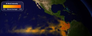 El Niño, warmer than average waters in the Eastern equatorial Pacific (shown in orange on the map), affects weather around the world. Image: NOAA