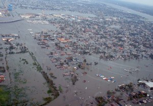 Aerial photograph from one of the first New Orleans fly overs showing the flooding as a result of the breeched levees