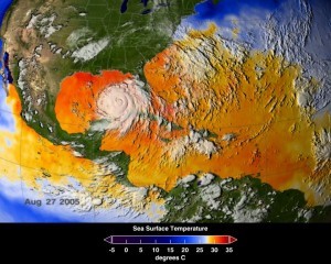 This map of ocean surface temperatures shows how warm waters in the North Atlantic fueled Hurricane Katrina. UCI researchers have found that the same conditions heighten fire risk in the Amazon basin. Image: Scientific Visualization Studio, NASA’s Goddard Space Flight Center 