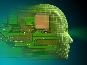 Wireframe head and printed circuit. Digital illustration