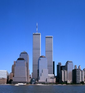 The NYC skyline with the World Trade Center seen from NJ