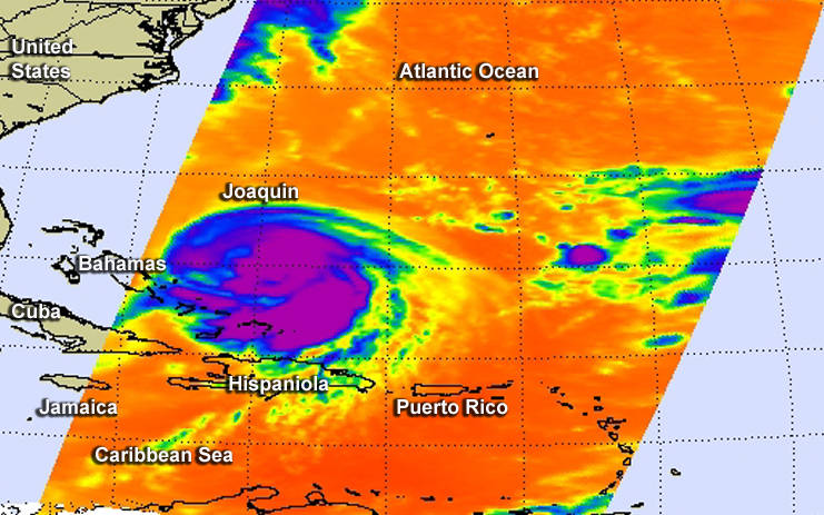 On Sept. 30 at 2:11 a.m. EDT the AIRS instrument aboard NASA's Aqua satellite provided this infrared look at Hurricane Joaquin's strongest storms with coldest cloud tops circling the center (in purple). Credits: NASA JPL, Ed Olsen
