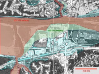 In this Federal Emergency Management Agency map of the Meramec River near Valley Park, Mo., the light blue corresponds to the floodplain area that can be expected to be inundated in a 100-year flood. The green and brown areas together are the river’s floodway as it was defined in 1995. This is the area that by law must be kept free of encroachments. The floodway was redrawn and substantially narrowed in 2015 (brown) and the landfill (squared off pyramid) that once encroached on the floodway now lies outside of it. Image: Bob Chriss/FEMA