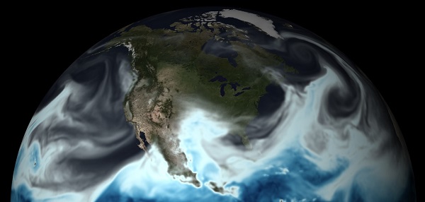 NOAA's powerful Global Forecast System model was upgraded today, providing forecasters with a more accurate 4D picture of how a weather system will evolve. Gray, blue and white colors depict moisture in the atmosphere on May 11, 2016, over North America. (NOAA)