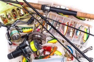 Fishing Tackles - Rod, Reel, Line And Lures In Box