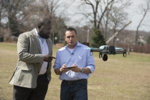 Lanier A. Watkins, left, a Johns Hopkins cybersecurity research scientist, worked with five graduate students, including Michael Hooper, right, to determine that the technology used in a hobby drone was vulnerable to hacking. Photo: Will Kirk/Johns Hopkins University